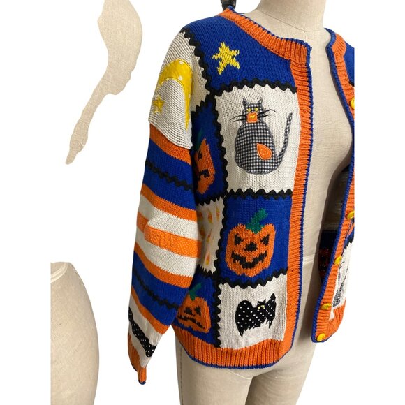 Belle Pointe Vintage Fall Autumn Cardigan Sweater With Pumpkin & Cat Whimsical - Picture 3 of 8